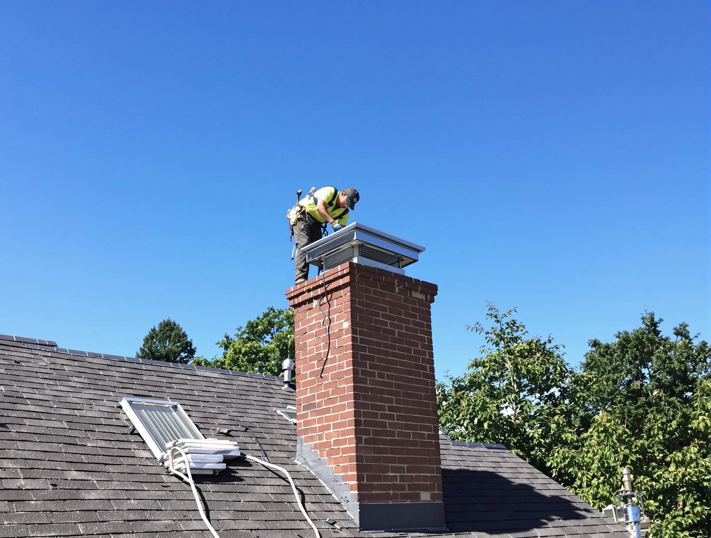 Salem Chimney Sweep technician measuring a chimney cap in Salem, MA